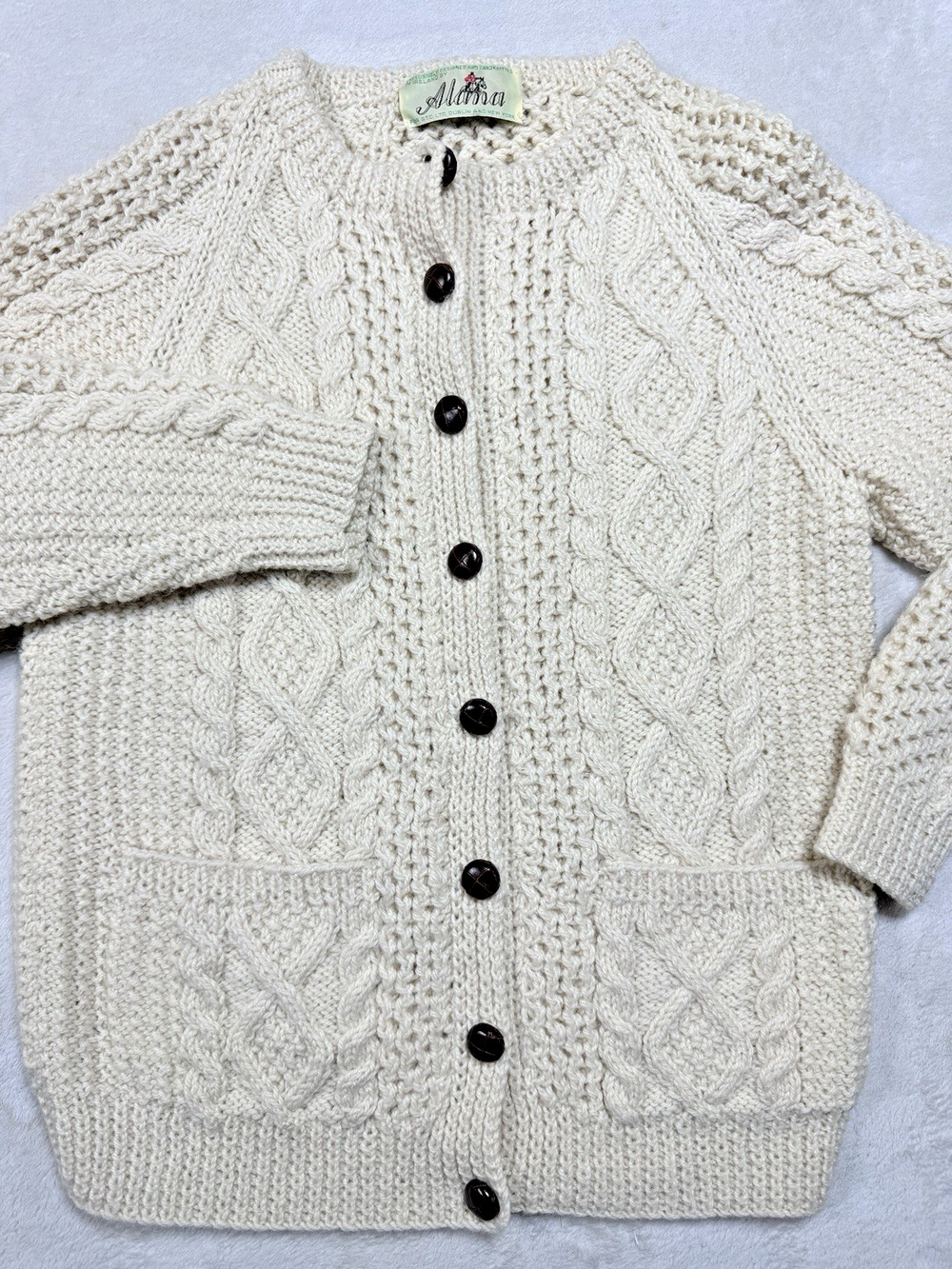 Vintage Alanna Hand Knit Irish Wool Cardigan Sweater Aran Fisherman Cable Sz M
